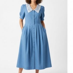 Vintage 80s Laura Ashley Lace Collar Chambray Prairie Cottagecore Dress SZ 8